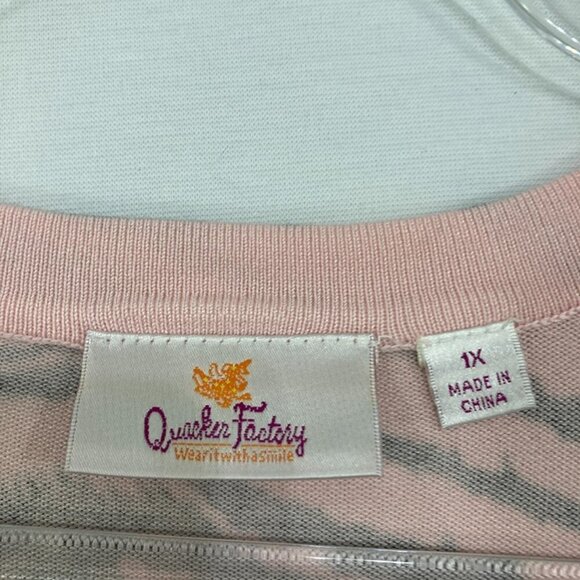 Quacker Factory size 1X Pink Black Animal Print Embellished Stretch Knit Top - Picture 2 of 9
